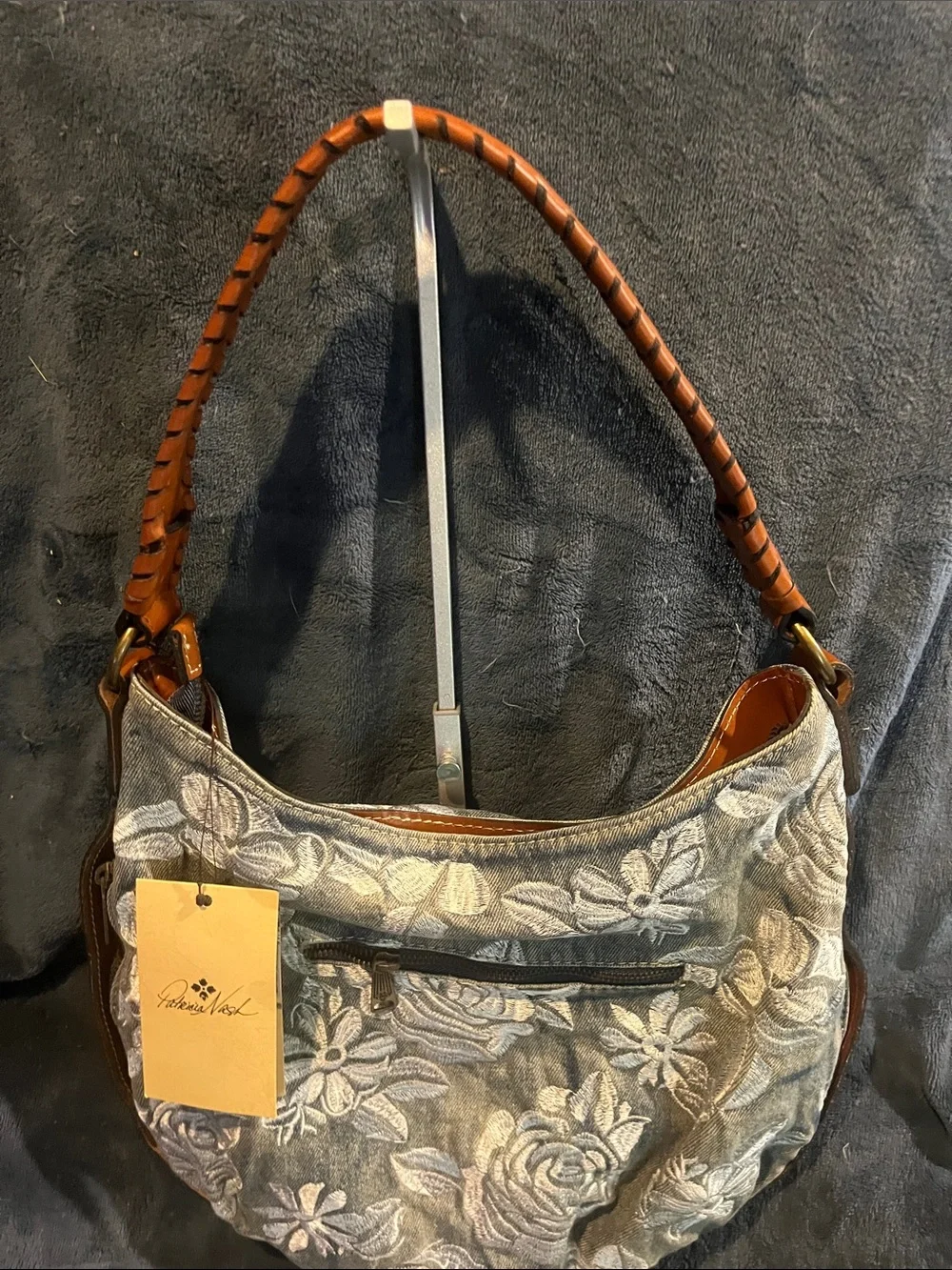 Patricia Nash Denim Floral Embroidered Bag with Brown Leather Strap